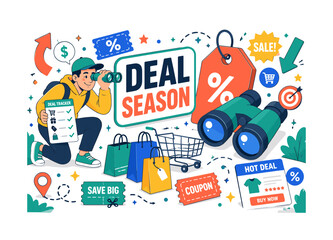 Naklejka premium Deal Hunter Season. Editorial banner scene with a humorous shopper searching for bargains beside an oversized discount tag and giant binoculars, shopping bags and deal tracker cards reaching all