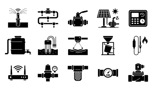 Smart irrigation system icons, 15 black vector silhouettes of garden watering equipment, agricultural technology symbols for farm automation