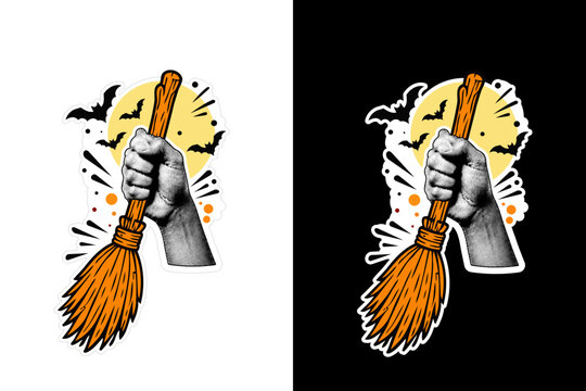 Retro Halftone Hand Holding Witch Broomstick with Full Moon and Bats Vector Illustration for Halloween