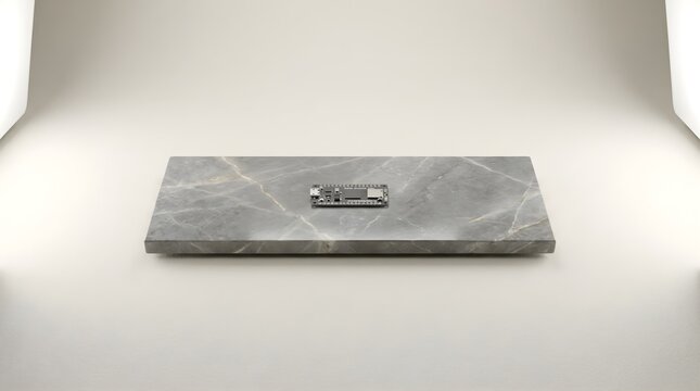 Minimal clean product background featuring a dark gray marble podium with an electronic microchip circuit board