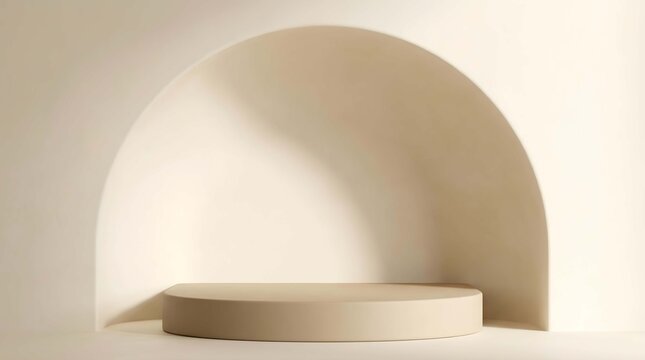 Clean and minimalist product display pedestal with soft arch shadow, perfect for showcasing elegant items in a neutral studio setting