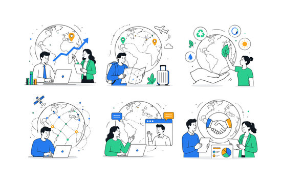 Global Globe Network, clean editorial illustration set, create 6 separate small editorial illustrations about earth globes, world maps, global business, travel geography, ecology, digital network, and