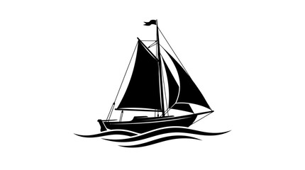 Fototapeta premium Elegant black silhouette of a sailboat cutting through rolling ocean waves on a clean white background