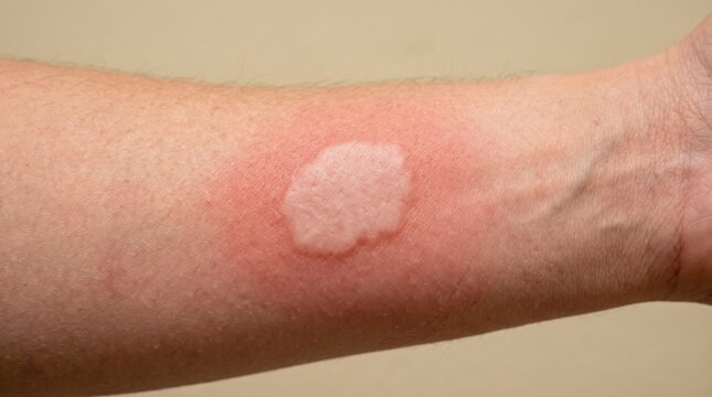 Close up view of human forearm showing acute urticaria hives lesion with raised pale wheal and surrounding skin redness