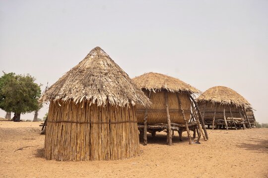 Dutse, Jigawa, Nigeria - 16 April 2026: View of traditional thatched-roof huts in a dry, sandy landscape in rural Nigeria.