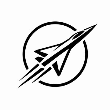 Stylized black and white jet fighter logo design.