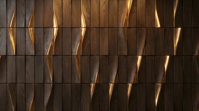 Smoked oak hexagonal carved wall with recessed warm lighting, contemporary luxury pattern design, elegant dark wood texture, high-end showroom backdrop, realistic architectural surface, premium brandi