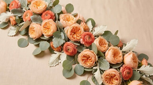 Elegant Peach and Orange Garden Rose Floral Runner Arrangement for Sophisticated Wedding Table Centerpiece Decor
