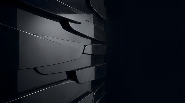 Luxury Abstract Dark Geometric Sculptural Wall Featuring Layered Glossy Black Panels with Sophisticated Modern Architectural Texture Design