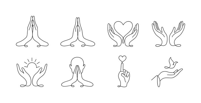 Prayer Gratitude Gestures &mdash; one-line drawing set of 8 minimal continuous-line symbols showing folded praying hands, namaste gesture, hands holding a heart, gratitude palms, hopeful hands, respectful