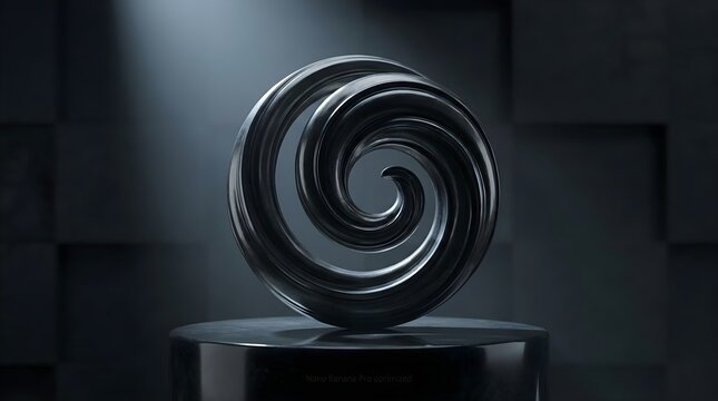 Abstract Elegant Black Spiral Sculpture Standing on a Polished Cylindrical Pedestal Against a Geometric Textured Dark Background