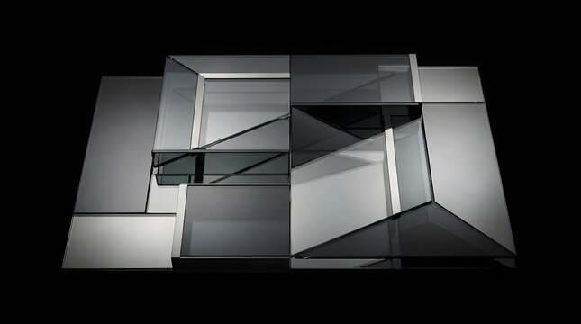 Sophisticated Architectural Glass Abstract Composition Featuring Geometric Layers and Intersecting Transparent Panes on a Minimalist Black Background
