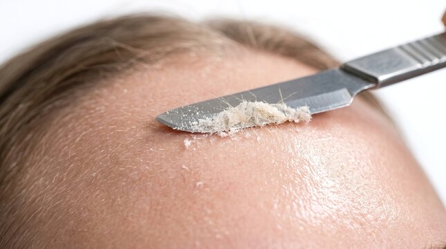 Macro view of scalpel blade performing dermaplaning exfoliation removing dead skin cells and peach fuzz hair