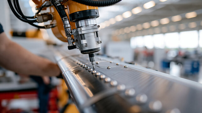 Precision manufacturing of military drones, an automated pneumatic tool securing titanium rivets into the sleek carbon-fiber composite shell of a stealth UAV, with a clean and brig