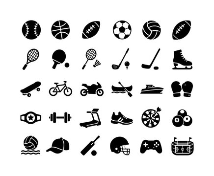 Competitive Sports Equipment &mdash; solid glyph icon set with exactly 30 fully filled black symbols arranged in a 6x5 grid: baseball, basketball, football, soccer ball, volleyball, rugby ball, tennis