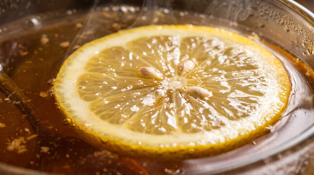 Steaming Hot Ginger Tangawisi Lemon Tea with Fresh Lemon Slice Close-Up