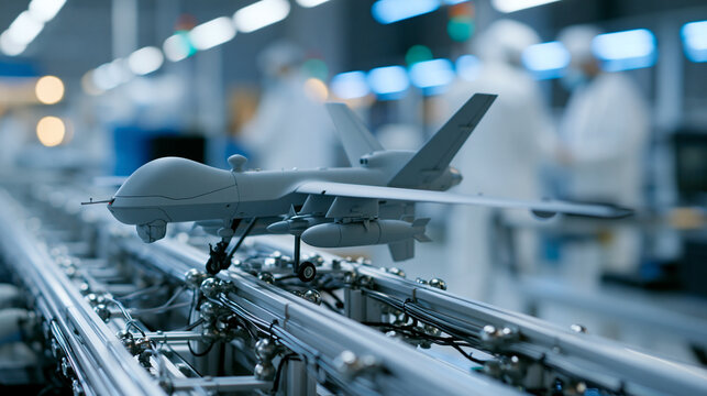 a detailed close up photograph of a miniature gray military style drone on an automated manufacturing line. the drone model, equipped with underwing pods and a twin fin tail assemb