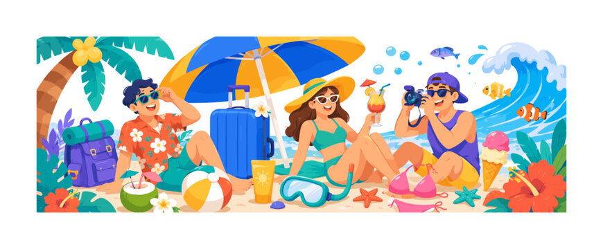 Summer Beach Escape &mdash; bright colorful flat vector banner with three expressive stylized travelers relaxing beside an oversized beach umbrella, suitcase and tropical cocktail, supporting details