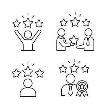 Recognized Employee Success, line icon set, create exactly 4 editable outline variations arranged in a 2x2 grid: person raising hands beneath three stars, employee receiving three-star recognition,