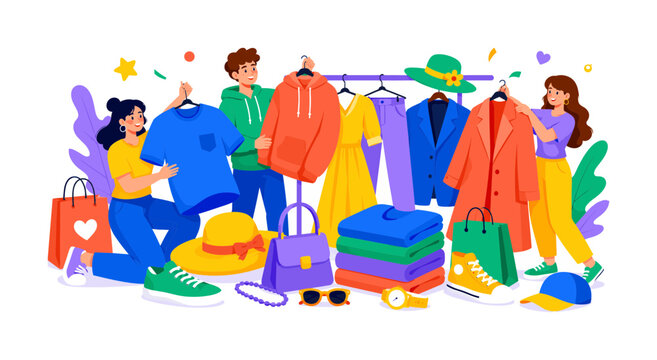 Clothes Fashion Apparel, bright colorful flat vector banner with 3 expressive stylized human characters sorting oversized clothing objects including t-shirt, dress, pants, hoodie, jacket, hat, shoe,