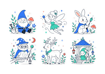 Naklejka premium Whimsical Fantasy Characters, clean editorial illustration set with 6 separate small editorial illustrations featuring garden gnome, fairy, magical rabbit, wise owl, enchanted deer, tiny gazebo