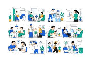 Fototapeta premium Apartment Building Cooling Room. Heatwave relief, urban housing, resident safety, shared facilities and climate-adaptive indoor comfort. 12 minimalist editorial vector scenes: a resident enters the
