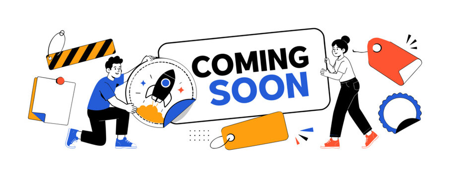 Coming Soon Launch, clean editorial banner scene with 2 geometric characters placing an oversized round release sticker, product launch label, construction tag, opening announcement card, promotion