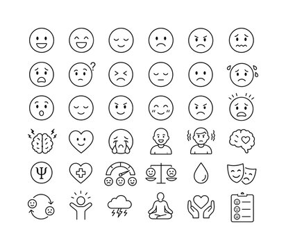 Human Emotion Expressions, line icon set, create exactly 30 editable outline icons arranged in a 6x5 grid: happy face, joyful face, peaceful face, sad face, angry face, anxious face, fearful face,