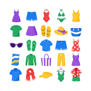 Summer Clothing Collection, bright flat vector icon set, 25 colorful isolated object icons including summer dress, shorts, swimsuit, bikini, tank top, T-shirt, skirt, sandals, sun hat, beach bag,