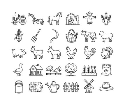 Vintage Rural Farming, line icon set with 30 clean outline icons featuring tractor, plow, horse, barn, scarecrow, wheat, corn, pitchfork, sickle, harvest basket, cow, sheep, pig, goat, donkey,