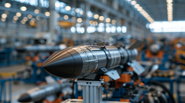 a detailed close up of a grey tactical missile on a factory assembly line. the missile is positioned diagonally across the frame, resting securely on a metallic stand. it has a dar