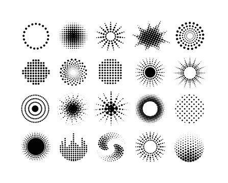 Dotted Circle Halftones, solid glyph icon set, create 20 fully filled black glyph icons in a 5x4 layout showing dotted circle, halftone round shape, dot burst, comic splash, radial dot form, pixel
