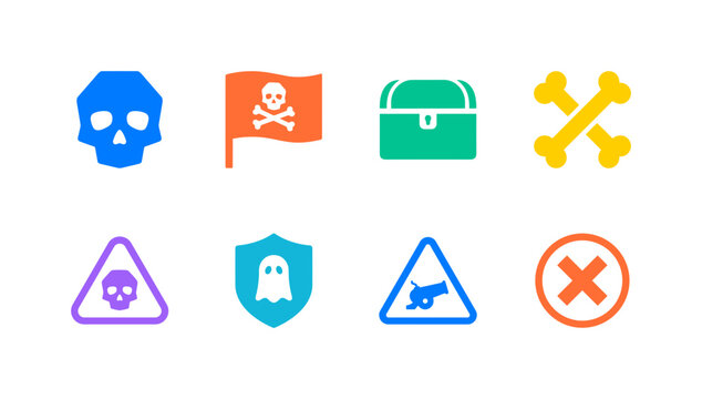 Pirate Warning Symbols, bright flat vector icon set featuring skull abstraction, crossbones, pirate flag, treasure chest, toxic warning, Halloween badge, covering pirate themes, Halloween, danger
