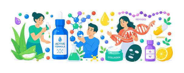 Fototapeta premium Skincare Ingredient Molecules bright flat character banner, 3 expressive stylized human characters interacting with oversized serum bottle, molecular chain and collagen helix, include vitamin capsule,