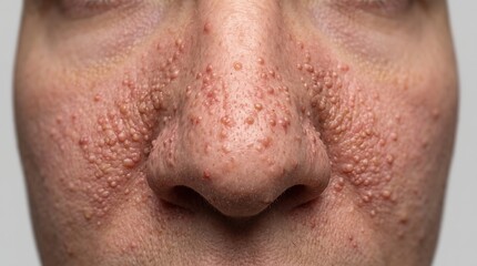 Naklejka premium Extreme macro view of human nose and cheeks with papulopustular rosacea red bumps and pustules