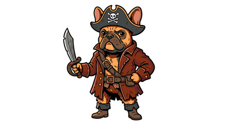 Tough pirate French Bulldog captain brandishing a cutlass, cartoon character vector illustration for t-shirt design and gaming mascot.