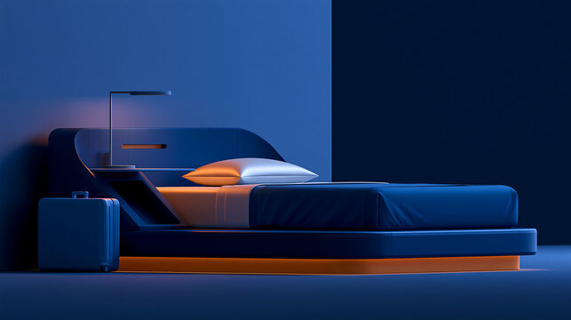Bedroom interior with a dark blue bed, soft lighting, and a suitcase on a deep blue