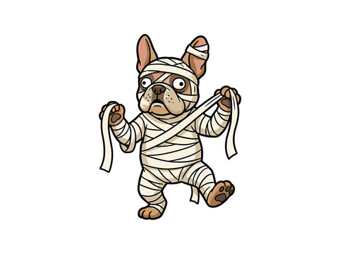 Funny Spooky French Bulldog Wrapped in Mummy Bandages Walking, Cartoon Vector Illustration for Halloween T-Shirt Design and Stickers