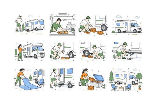 RV Leveling Block Setup. Campsites, camper travel, leveling blocks, outdoor gear, RV setup, summer vacations, wheel safety, and campground routines. 12 minimalist editorial vector scenes: camper