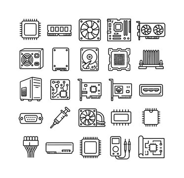 PC Hardware Components line icon set, 25 bold outline icons featuring CPU, RAM module, cooling fan, motherboard, graphics card, power supply, SSD, hard drive, processor socket, heat sink, computer