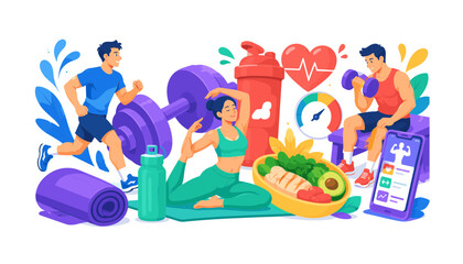 Fototapeta premium Active Fitness Lifestyle bright colorful flat vector banner, 3 expressive stylized athletes performing running, yoga, and strength training around oversized dumbbell, protein bottle, heart-rate