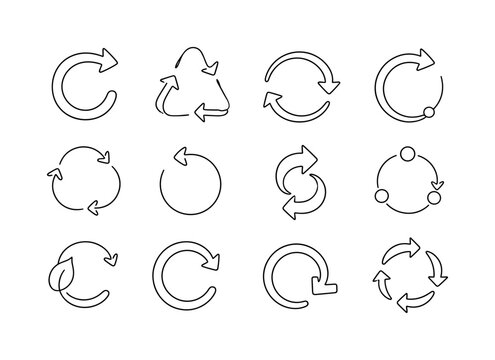 Circular Refresh Arrows one-line drawing set, 12 minimal continuous single-line icons showing rotate arrow, recycle loop, refresh symbol, reload circle, repeat cycle, reset arrow, sync arrows,