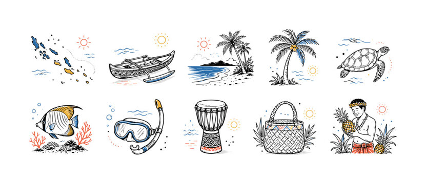 Solomon Islands Culture clean editorial illustration set, 10 separate small editorial illustrations featuring island map, canoe, tropical beach, palm tree, sea turtle, reef fish, snorkeling mask,