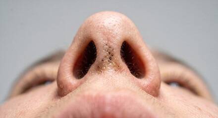 Naklejka premium Close up bottom view of human nose columella with black surgical stitches following rhinoplasty surgery