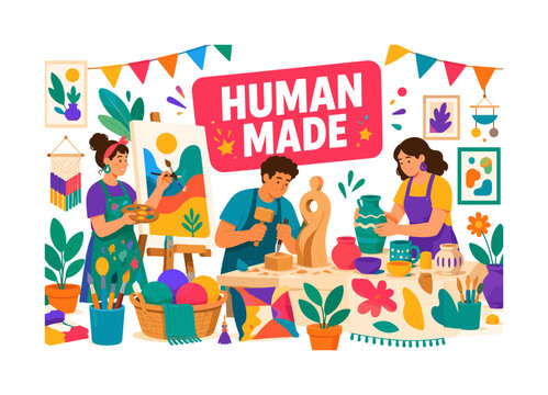 Human Made Art Festival Banner illustration showing three local artists presenting handmade work around an oversized outdoor display wall and a large craft table, one painting, one carving, and one