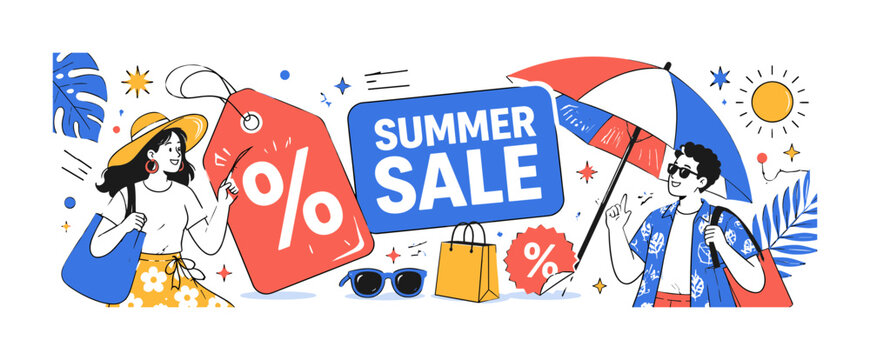 Summer Discount Festival, clean editorial banner scene with exactly 2 geometric characters shopping around 1 oversized sale tag and 1 oversized beach umbrella, plus 5 supporting details: sunglasses,