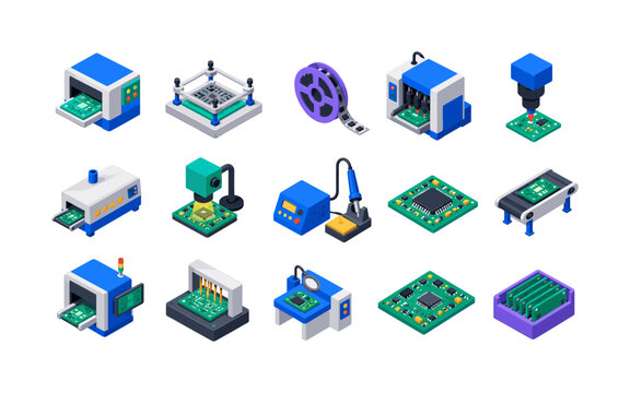 PCB Assembly Workflow, isometric flat icon set with 15 isometric object icons showing printed circuit board manufacturing stages including solder paste printer, stencil alignment, component reel,