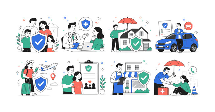 Insurance Protection Stories &mdash; Clean editorial illustration set, not icons, with exactly 8 separate mini scenes arranged in a 4x2 layout: family protected by a shield, doctor presenting health