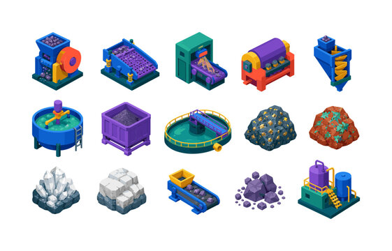 Mineral Separation Systems &mdash; Isometric flat icon set with exactly 15 isolated mineral processing objects arranged in a 5x3 grid: ore crusher, screening deck, sensor sorter, magnetic separator, gravity