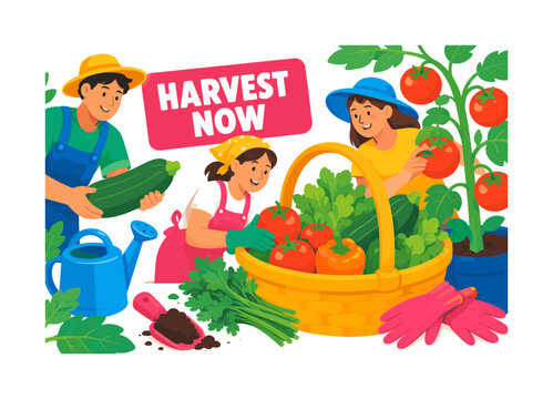 Late Garden Harvest banner showing three expressive gardeners gathering ripe vegetables into a basket, with an oversized harvest basket and oversized tomato plant, plus zucchini, herb bunch, watering